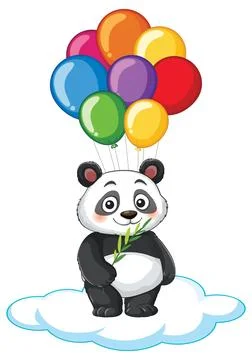 Cartoon Giant Panda Floating on Cloud with Colorful Balloons Stock Illustration