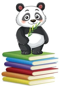 Cartoon Giant Panda Standing on a Stack of Colorful Books イラスト素材