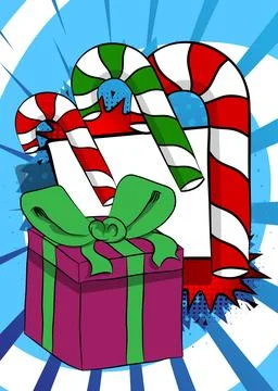 Cartoon Gift Box and Candy cane, comic book Christmas. Retro vector comics .. Stock Illustration