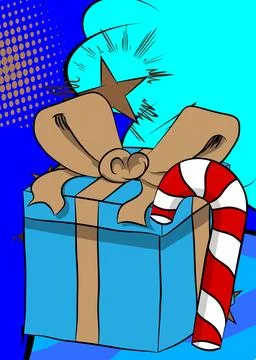 Cartoon Gift Box and Candy cane, comic book Christmas. Retro vector comics .. Stock Illustration