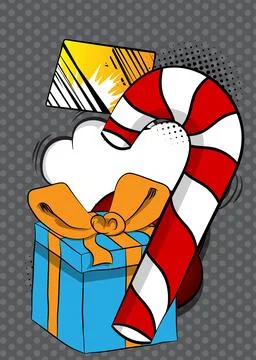 Cartoon Gift Box and Candy cane, comic book Christmas. Retro vector comics .. Stock Illustration