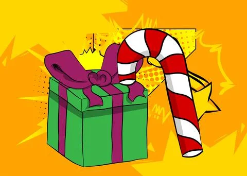 Cartoon Gift Box and Candy cane, comic book Christmas. Retro vector comics .. Stock Illustration