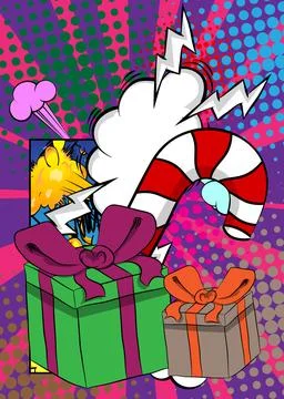 Cartoon Gift Box and Candy cane, comic book Christmas. Retro vector comics .. Stock Illustration