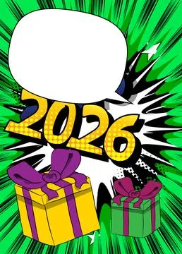 Cartoon Gift Box and number 2026 with blank speech bubble, comic book Holid.. Stockillustratie
