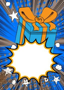 Cartoon Gift Box with blank speech bubble, comic book holiday background. Retro  イラスト素材
