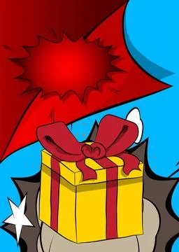 Cartoon Gift Box, comic book Holiday surprise. Retro vector comics pop art .. Stock-Illustration