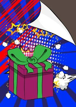 Cartoon Gift Box, comic book Holiday surprise. Retro vector comics pop art .. Stock-Illustration