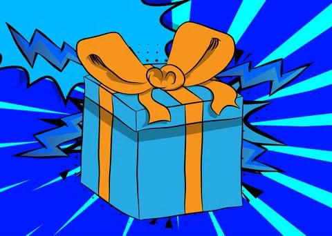 Cartoon Gift Box, comic book Holiday surprise. Retro vector comics pop art .. Stock-Illustration