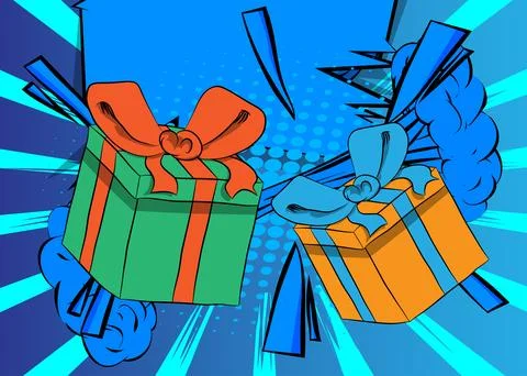 Cartoon Gift Box, comic book Holiday surprise. Retro vector comics pop art .. Stock-Illustration
