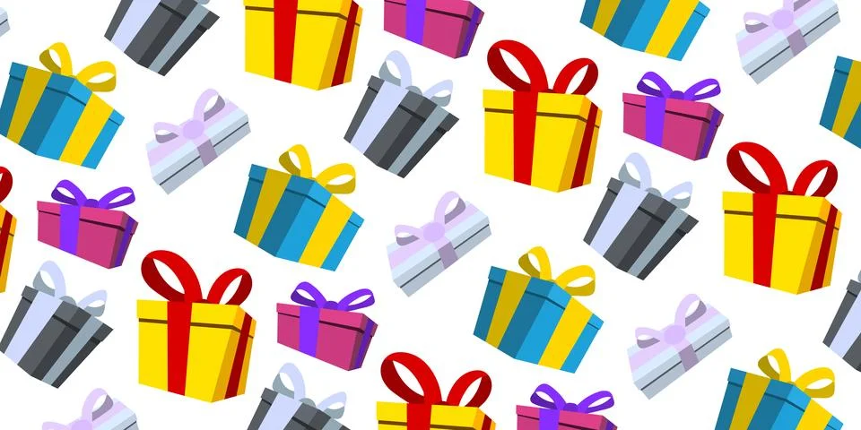 Cartoon gift box pattern on white background. Gifts illustration for holiday 스톡 일러스트