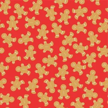 Cartoon gingerbread man seamless pattern. Vector illustration on red background Stock Illustration