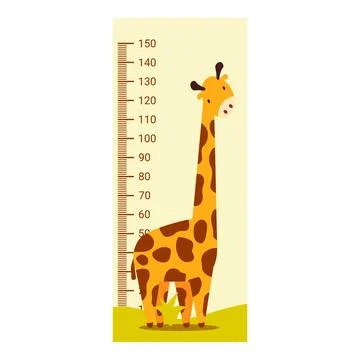 Cartoon giraffe measuring its height on a scale on a beige background Stock Illustration
