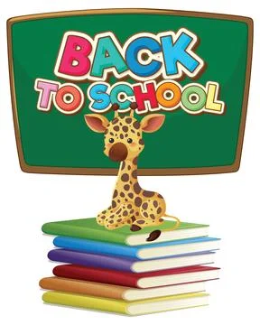 Cartoon Giraffe Sitting on Stack of Books with Chalkboard Background Stock Illustration