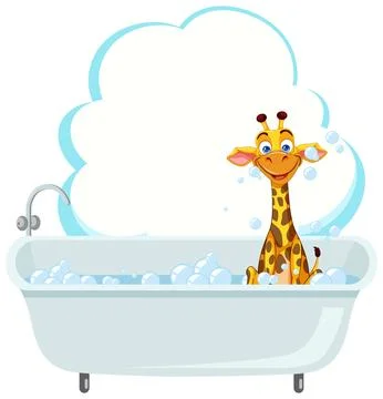 Cartoon Giraffe Taking a Bubble Bath in a White Tub Stock Illustration