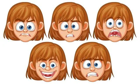 Cartoon Girl Expressing Five Different Emotional Facial Expressions Stock Illustration