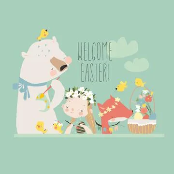 Cartoon Girl getting ready for Easter with Animals Stock Illustration