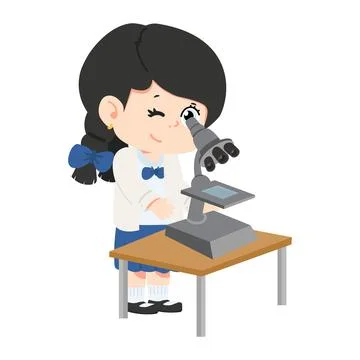 Cartoon girl looking through a microscope Stock Illustration