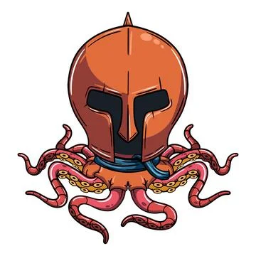 Cartoon gladiator cyborg octopus character with medieval helmet. Illustrati.. Stock Illustration