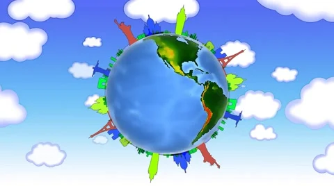 Cartoon Global Landmarks with Clouds 4K Stock Footage 60285019