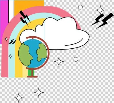 Cartoon globe is floating with rainbow, cloud, bolts, orbs, and sparkles on 스톡 일러스트