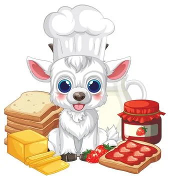 Cartoon Goat Chef with Breakfast Bread Jam and Butter Illustration Stock Illustration