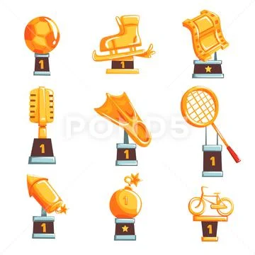 Cartoon golden trophy cups, awards and achievements set of vector Illustrations Stock Illustration