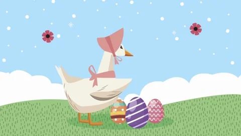 Cartoon Goose Wearing Bonnet With Easter Eggs And Poppy Flower spring bird Stock Footage 320832069