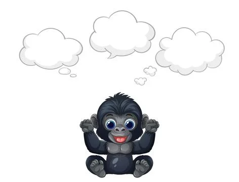 Cartoon Gorilla Character Sitting with Empty Thought Bubbles Above Head Stock Illustration