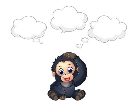 Cartoon Gorilla Character Thinking with Empty Speech and Thought Bubbles Illustration