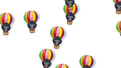 Cartoon Gorilla Characters Falling in Colorful Hot Air Balloons on White Stock Footage 340759602