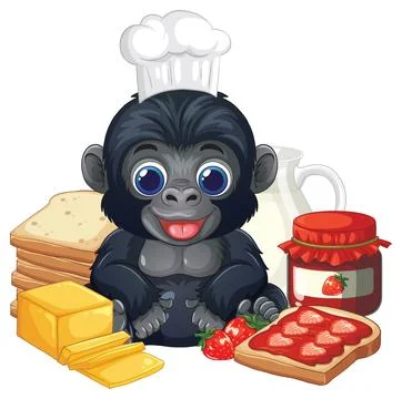 Cartoon Gorilla Chef with Bread Jam and Butter Breakfast Illustration Stock Illustration