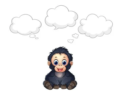 Cartoon Gorilla Sitting with Multiple Blank Thought Bubbles Above Head Stock Illustration