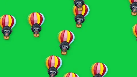 Cartoon Gorillas Falling in Hot Air Balloons on Green Screen Stock Footage 340967989