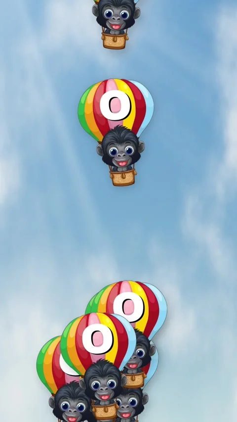 Cartoon Gorillas Falling Through Cloudy Blue Sky in Hot Air Balloons Stock Footage 341540973