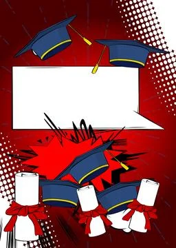 Cartoon Graduation Cap and Rolled Up Diploma with blank speech bubble, comi.. Иллюстрация