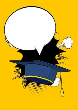 Cartoon Graduation Cap with blank speech bubble, comic book education backg.. Stock Illustration