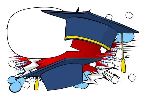 Cartoon Graduation Cap with blank speech bubble, comic book education backg.. Stock Illustration