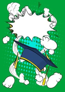 Cartoon Graduation Cap with blank speech bubble, comic book education backg.. Stock Illustration