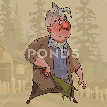 Cartoon grandmother stands with a bunch of grass in her hand Stock Illustration