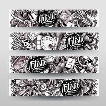 Cartoon graphics monochrome vector hand drawn doodles Artist id cards design Stock Illustration