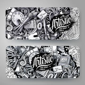 Cartoon graphics monochrome vector hand drawn doodles Artist id cards design Stock Illustration