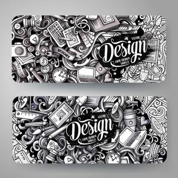 Cartoon graphics monochrome vector hand drawn doodles Designer id cards design Stock Illustration