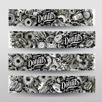 Cartoon graphics monochrome vector hand drawn doodles Donuts id cards design Illustrazione stock