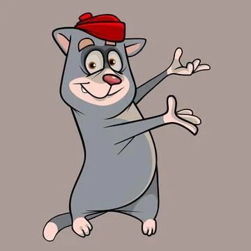 Cartoon gray cat in a red cap shows two paws to the side Stock Illustration