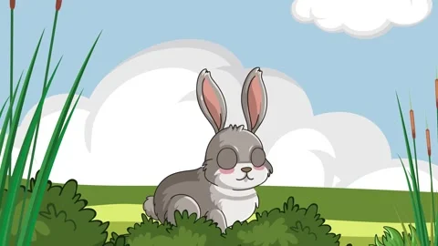 Cartoon Gray Rabbit Sitting in a Lush Green Meadow by a Pond Stock Footage 333101596