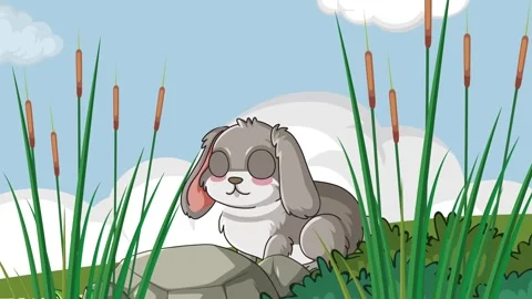 Cartoon Gray Rabbit Sitting by a Pond with Reeds and Water Lilies Stock Footage 332319709