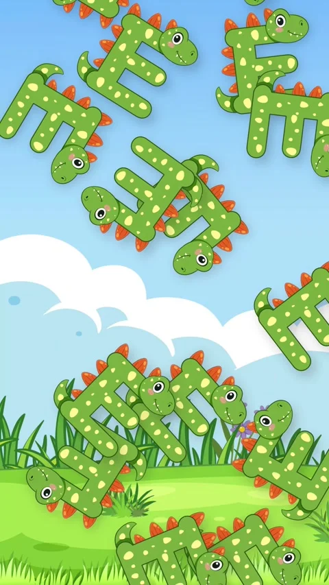 Cartoon Green Dinosaur Characters Falling Over a Sunny Meadow Background Stock Footage 342314228