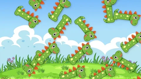 Cartoon Green Dinosaur Characters Falling Over a Grassy Hill Background Stock Footage 342314339