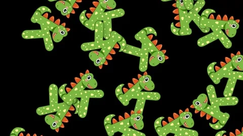 Cartoon Green Dinosaur Characters Falling Against a Solid Black Background Stock Footage 343830799