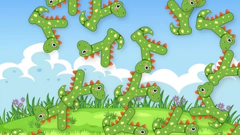 Cartoon Green Dinosaurs Falling Over a Sunny Grassy Hill Background Stock Footage 342488948